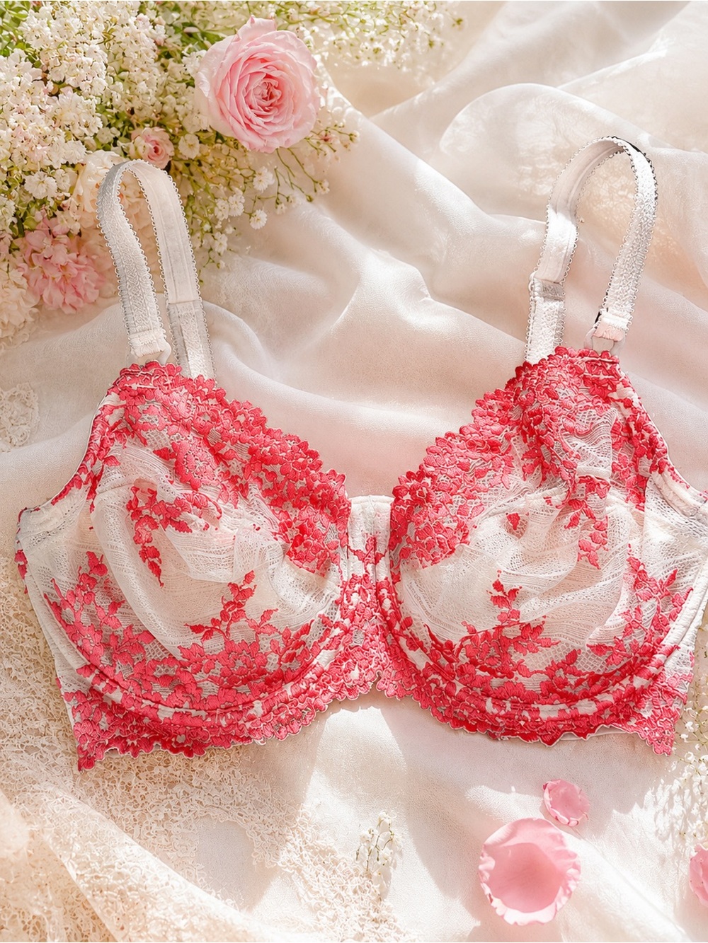 Wacoal Embrace Lace Underwire Bra 34DDD Ivory Coral Floral Romantic Coquette